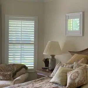 bedroom window with newly installed solid composite shutters Starkey Ranch Home
