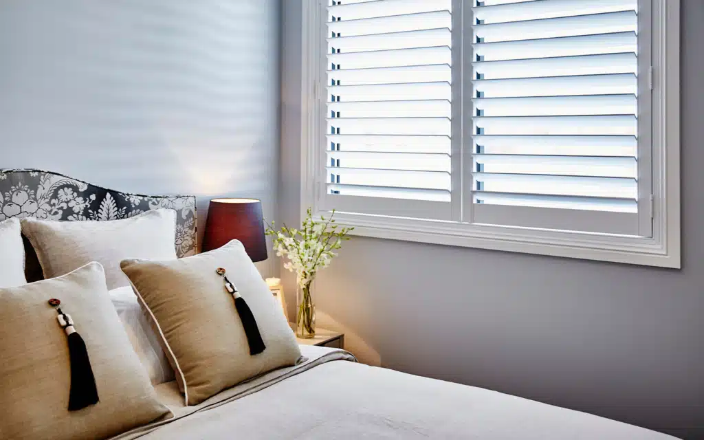 Solid Composite Plantation Shutters in Bedroom of Asturia Home